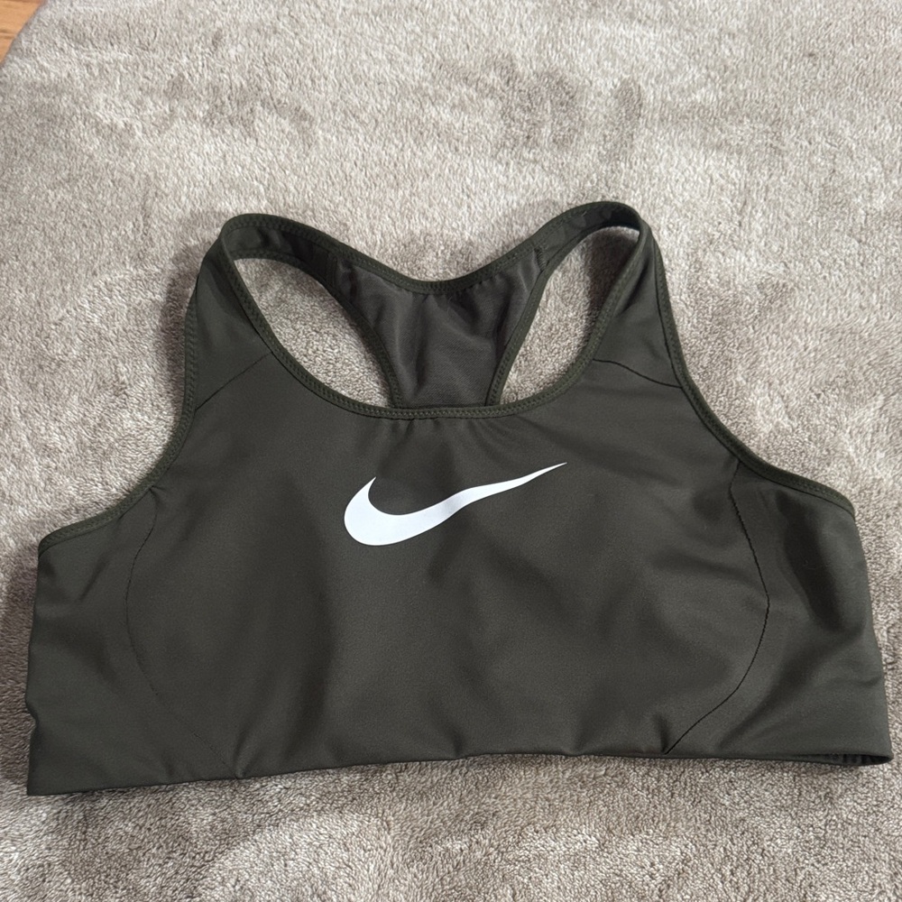 Nike Olive Green Racerback Sports Bra with White Swoosh